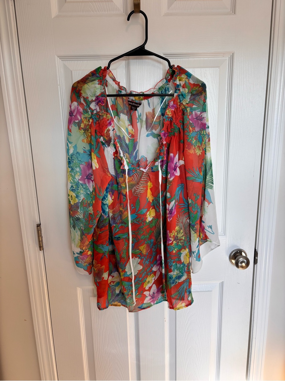Sienna Rose: Sheer Floral Tie-Front Women's Blouse in Vibrant Coral